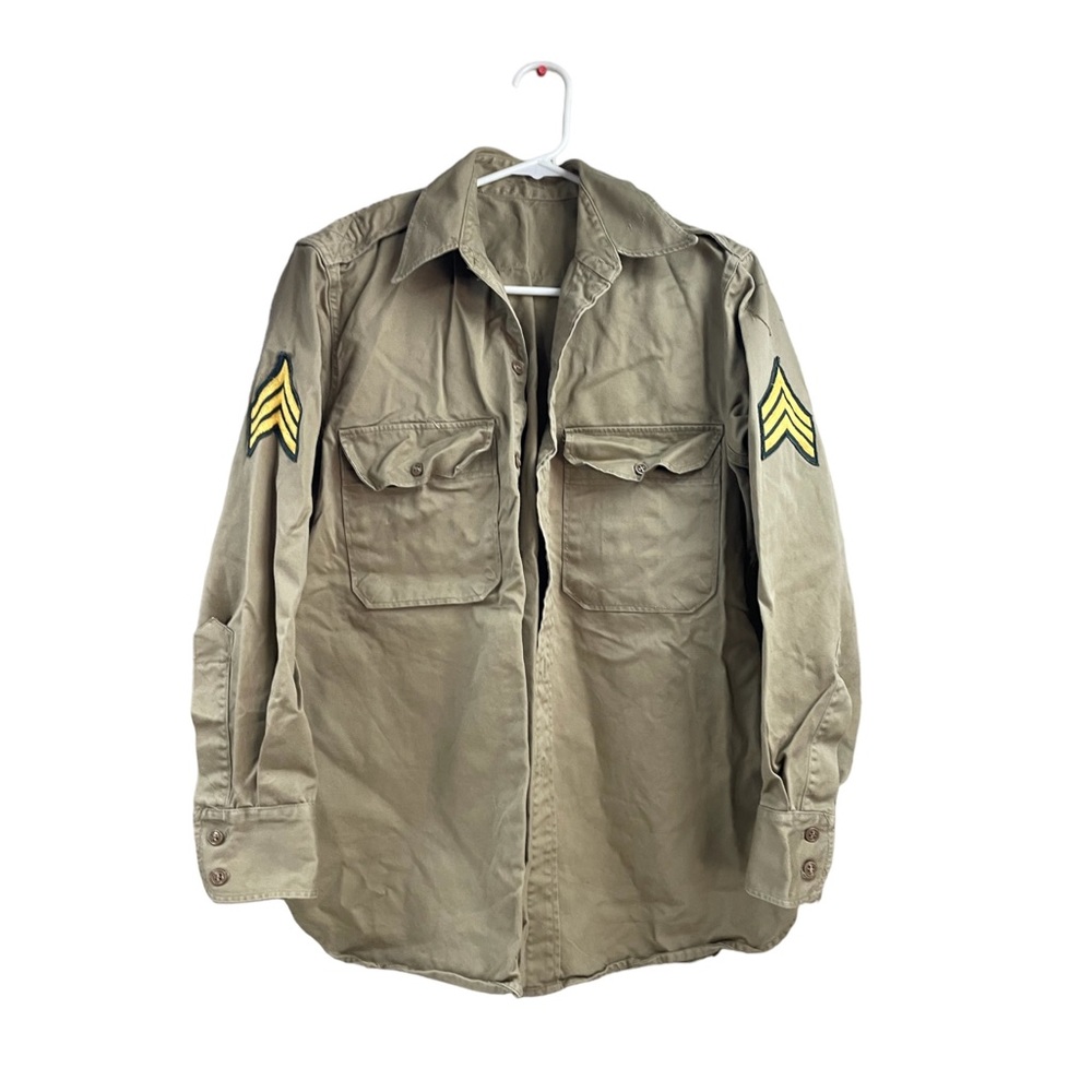 Korean War 1950 Cotton KHAKI US ARMY Shirt Collar Sz 15.5” X 32” Patches